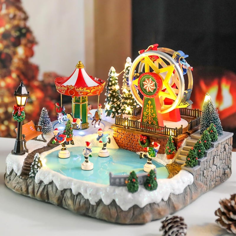 Bdor Christmas Village Lighted Decoration with Carousel, Ferris Wheel, Skaters | 11.4 x 10.4 x 7.7 Inches Animated Holiday Scene with Music & LED Lights for Indoor Home Décor - Image 2